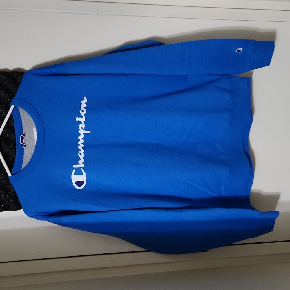 Champion Blue & White Cursive Spellout Logo Pullover Crewneck Sweater